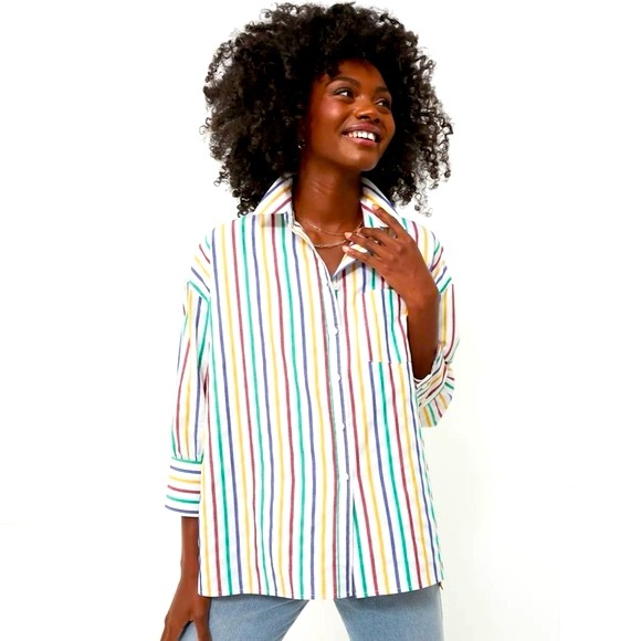 POMANDER PLACE TUCKERNUCK Adair Primary Striped Boyfriend Oversized Button Down - Picture 1 of 9